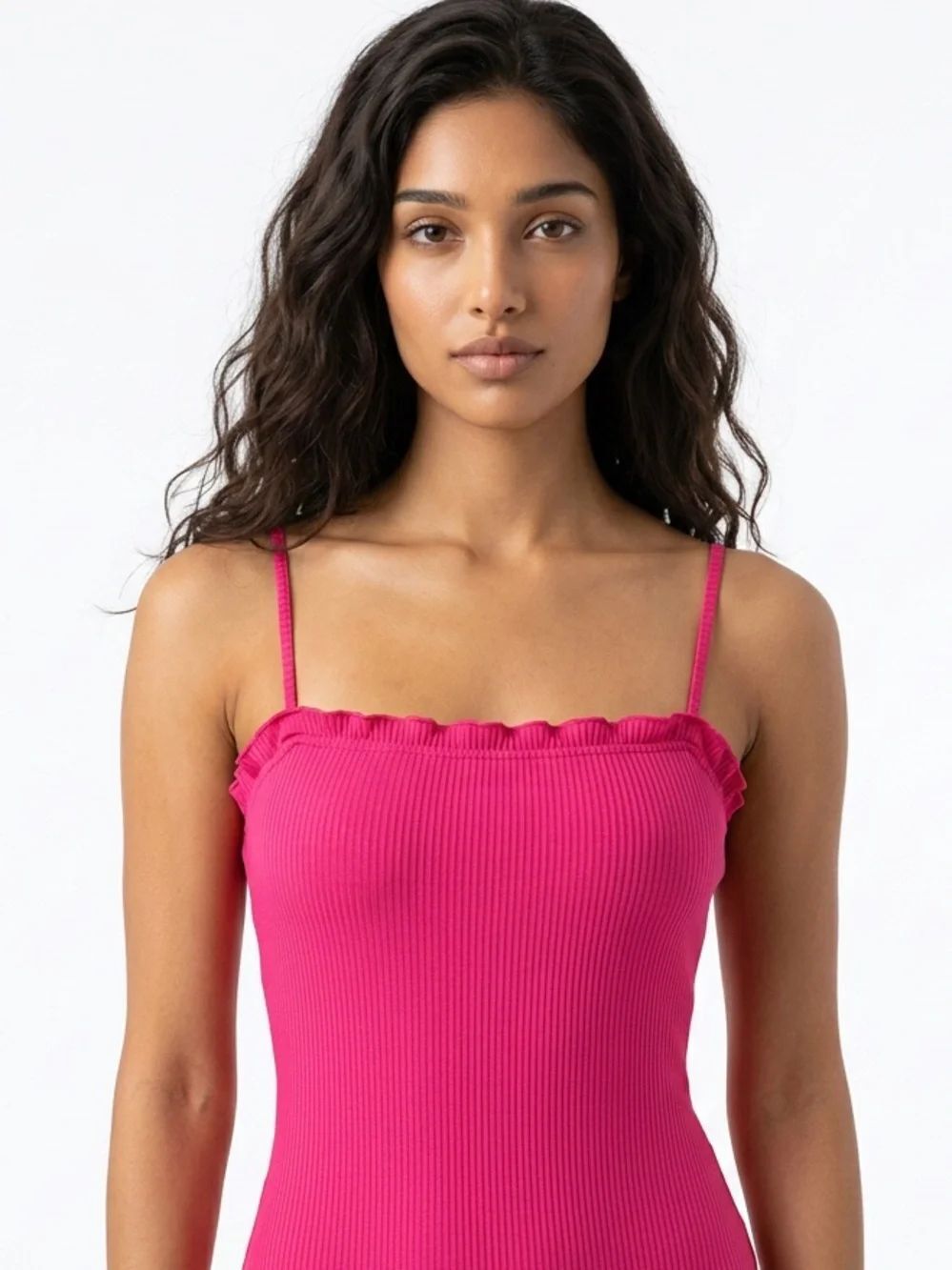 GAZE | Ribbed Pink Camisole Bodysuit with Ruffle Trim Women’s Size Small